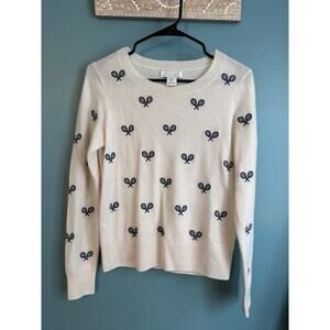 Rachel Zoe Tennis Embroidered 2 Ply White Cashmere Crewneck Sweater